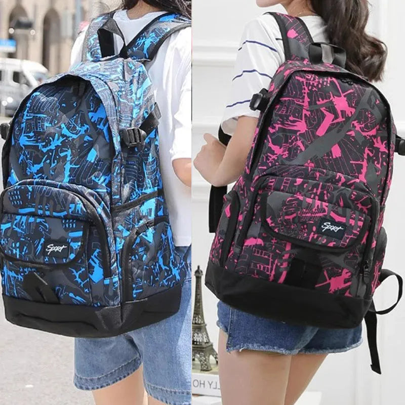 A blue classic nylon backpack with large capacity, showing padded straps and a front pocket.