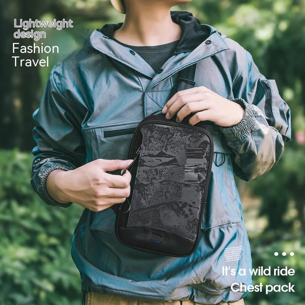Black camouflage pattern chest pack with waterproof TPU material and square vertical shape for street style daily wear