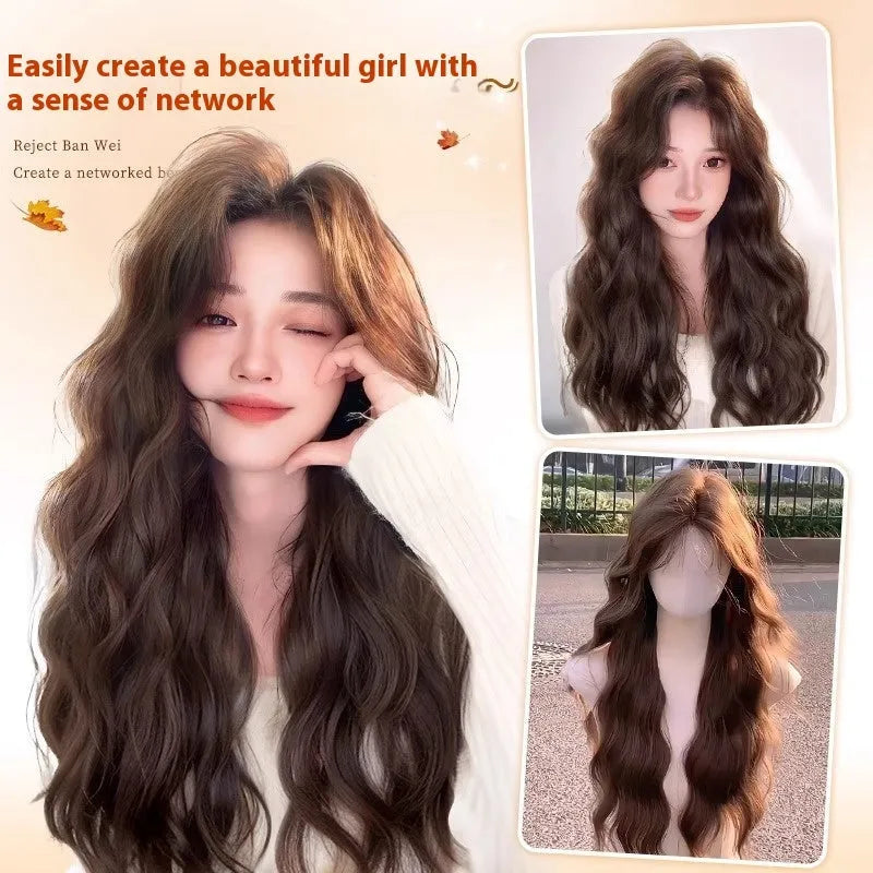 Female full-head wig with natural long curly hair and side bangs in Brown Black high temperature fibre style
