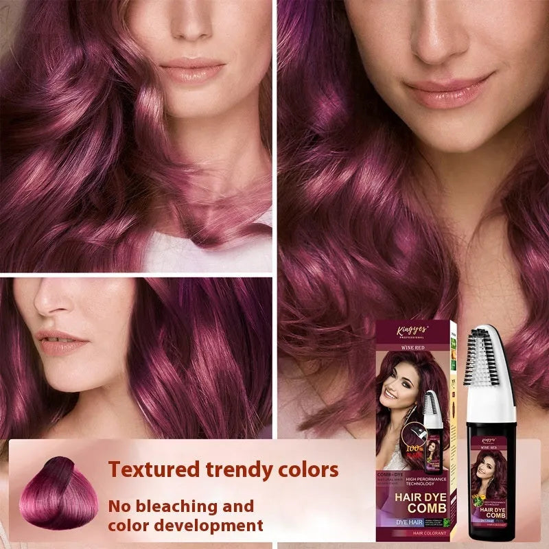 Permanent hair dye kit bottle with attached comb applicator in brown, wine red, or dark brown shade.