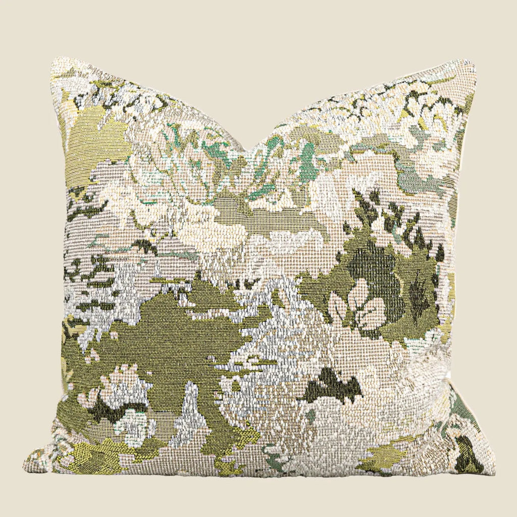 Antique green abstract floral pillow with French style botanical pattern on wool blend fabric