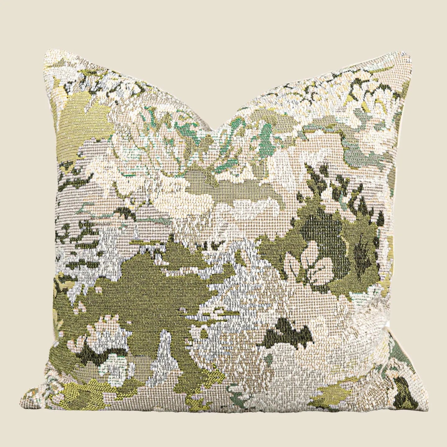 Antique green abstract floral pillow with French style botanical pattern on wool blend fabric