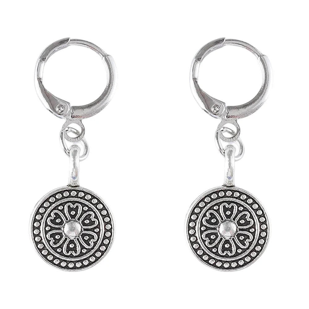 Bohemian style geometric round earrings with distressed ethnic print and retro electroplated finish