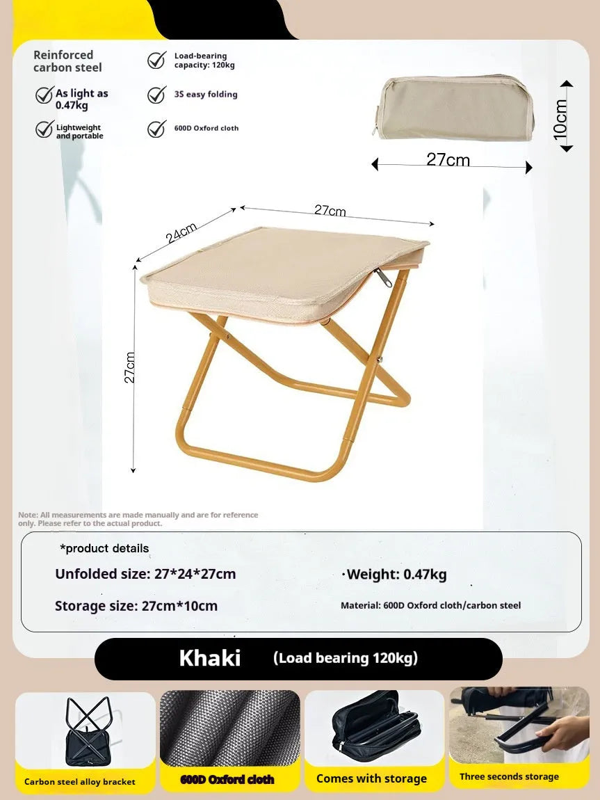 Foldable Oxford cloth camp stool shown in khaki colour with pencil box design for outdoor seating