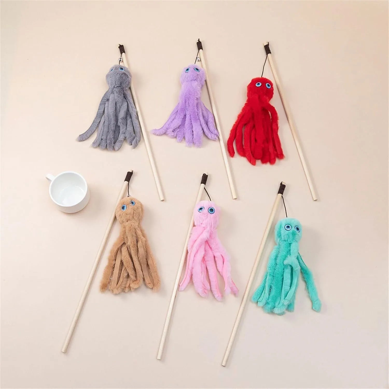 Furry octopus cat toy with eyes on 40cm flexible wand in choice of colours