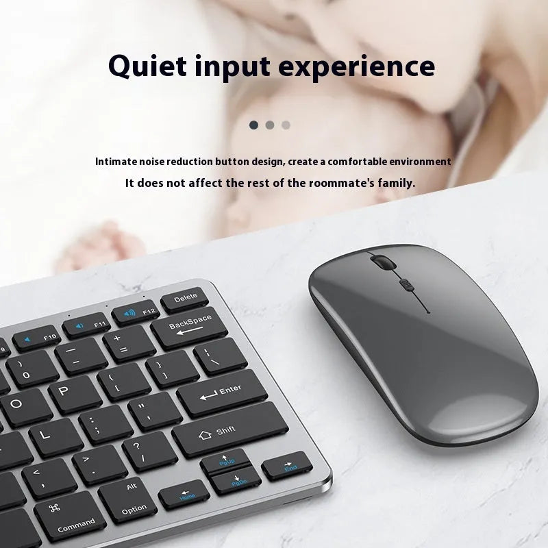 Ultra-thin wireless keyboard and mouse set in silver colour with USB receiver and protective cover.