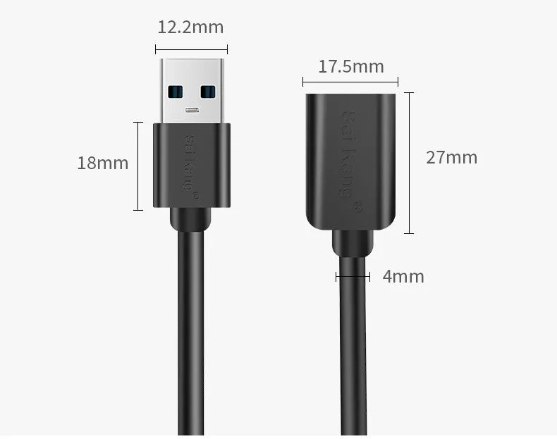 Black USB male to female extension cable with connectors showing, available in multiple lengths from 1 to 5 metres.