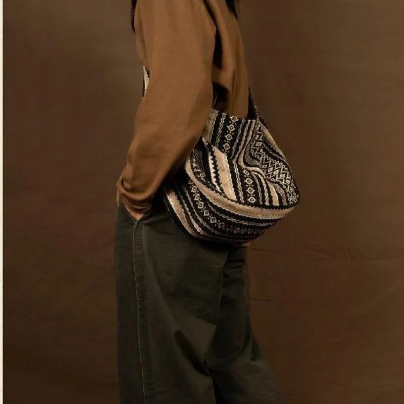 Retro striped cotton corduroy messenger bag with adjustable plaid strap and front zipper