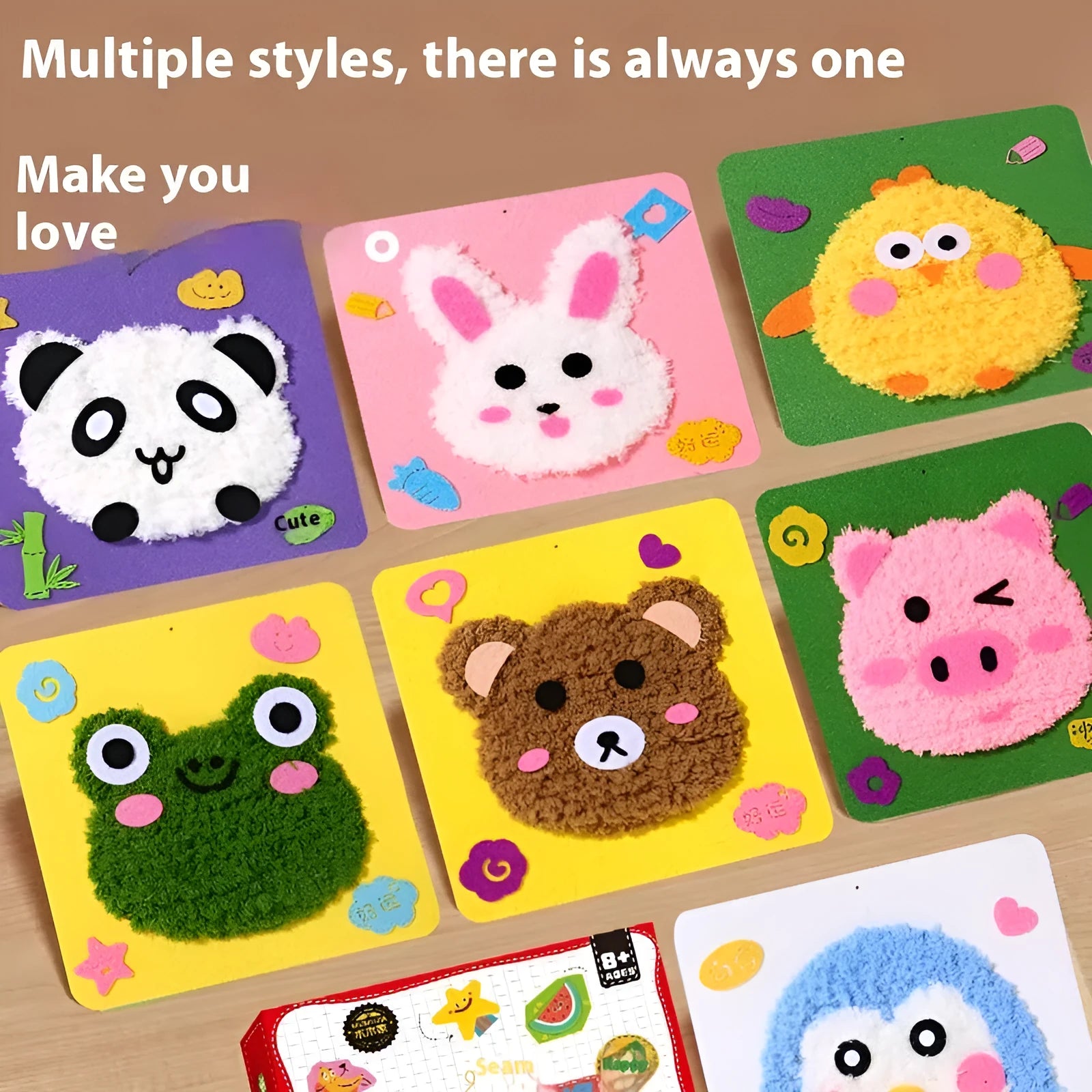Children's DIY wool embroidery kit with cartoon animal design on 15cm cloth base