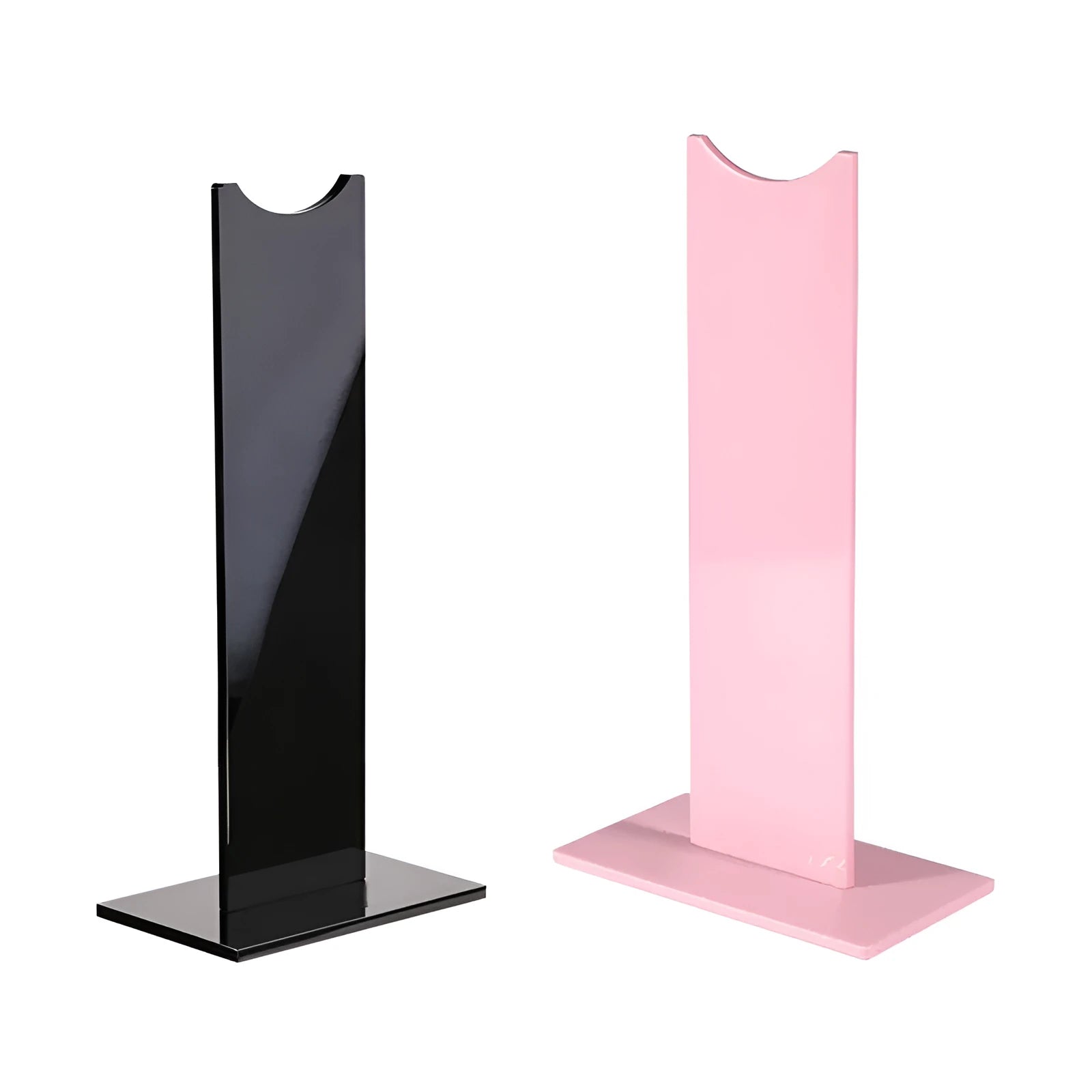Pink detachable headphone stand with non-slip silicone base displaying over-ear headphones