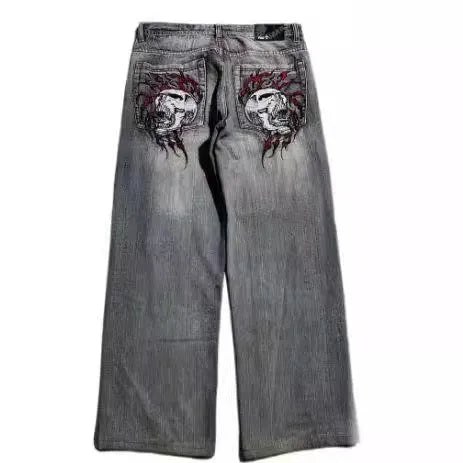 Men's grey washed-out wide-leg jeans with straight cut and American retro styling
