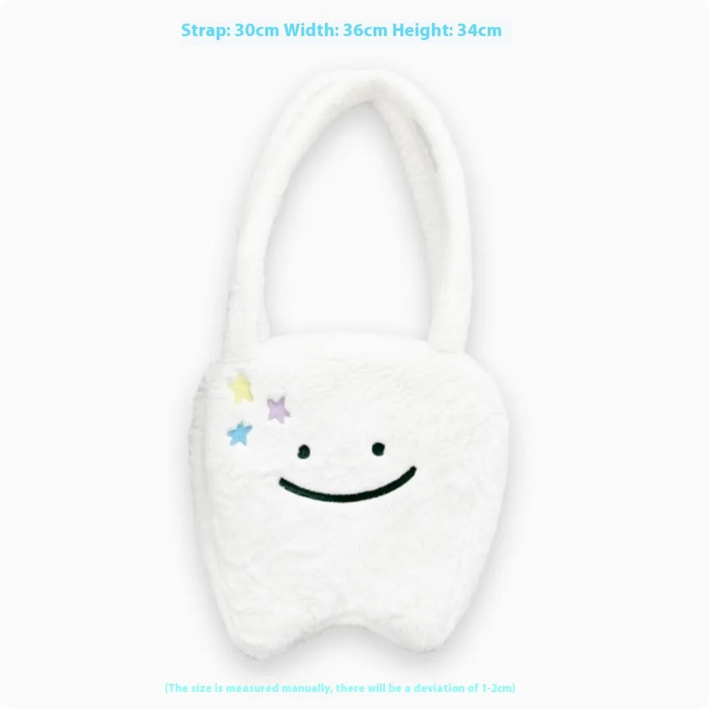 White plush shoulder tote bag with cute teeth pattern decoration and crossbody strap