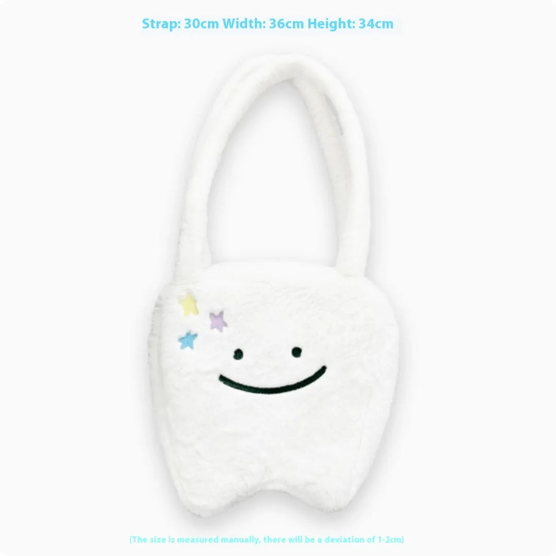 White plush shoulder tote bag with cute teeth pattern decoration and crossbody strap