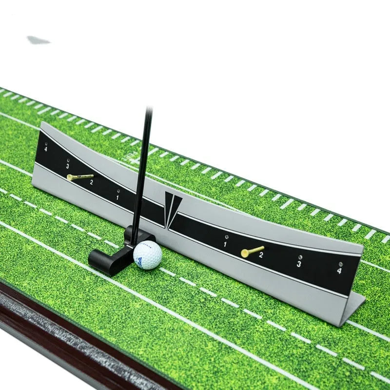 Golf putter trajectory balance simulator with adjustable push rod balancer on flat surface