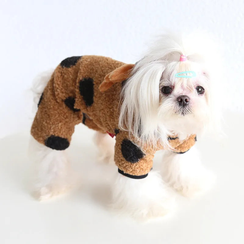Polka dot elk couple print pet clothing for dogs or cats in skirt and four-legged styles.