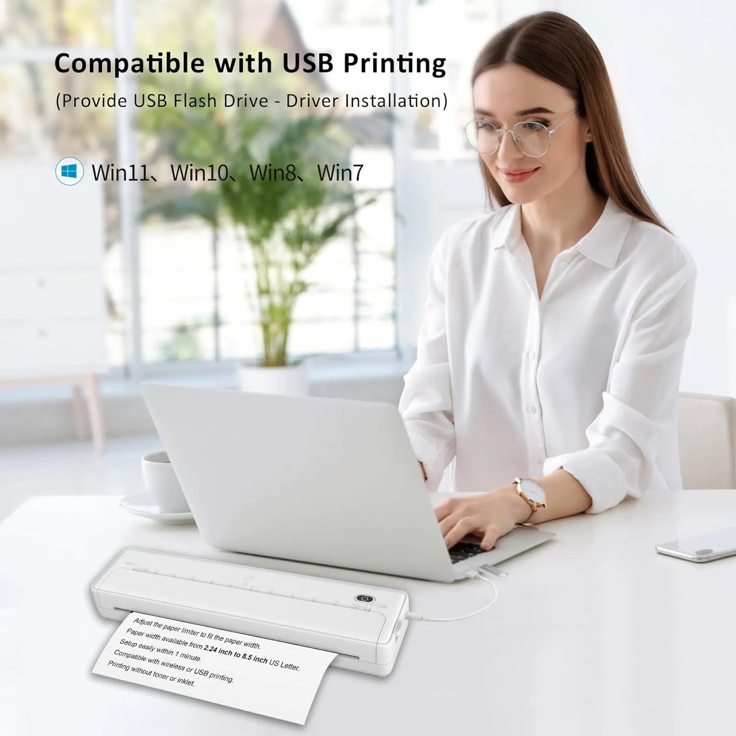 Black A4 portable Bluetooth printer with USB port measuring 28 x 7 x 5 cm