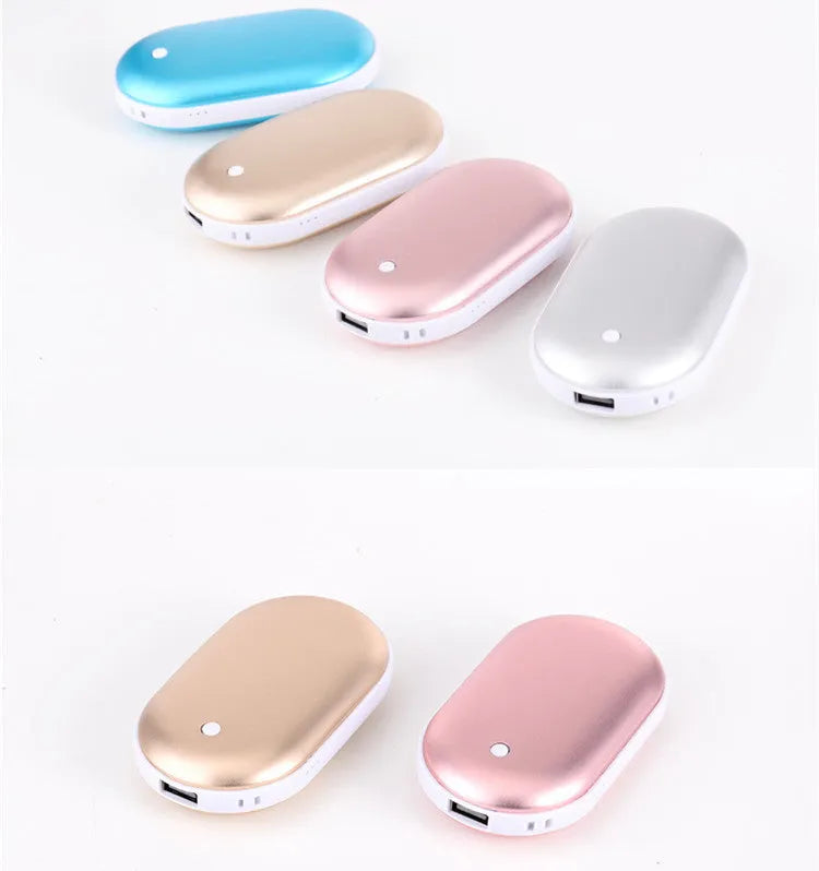 Compact rechargeable hand warmer with integrated 5200mAh USB power bank in various colour options