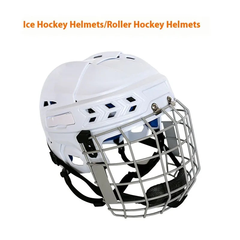 Ice hockey helmet with a carbon steel face mask showing impact-resistant shell and cushioned interior lining.