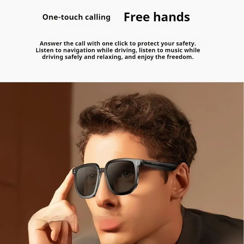 Black PC frame Bluetooth smart sunglasses with touch controls for audio and calls