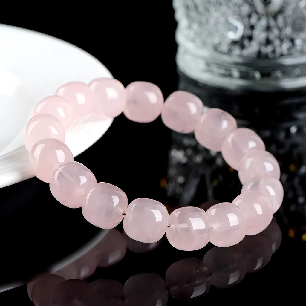 Pink crystal and natural bamboo bracelet with geometric barrel beads