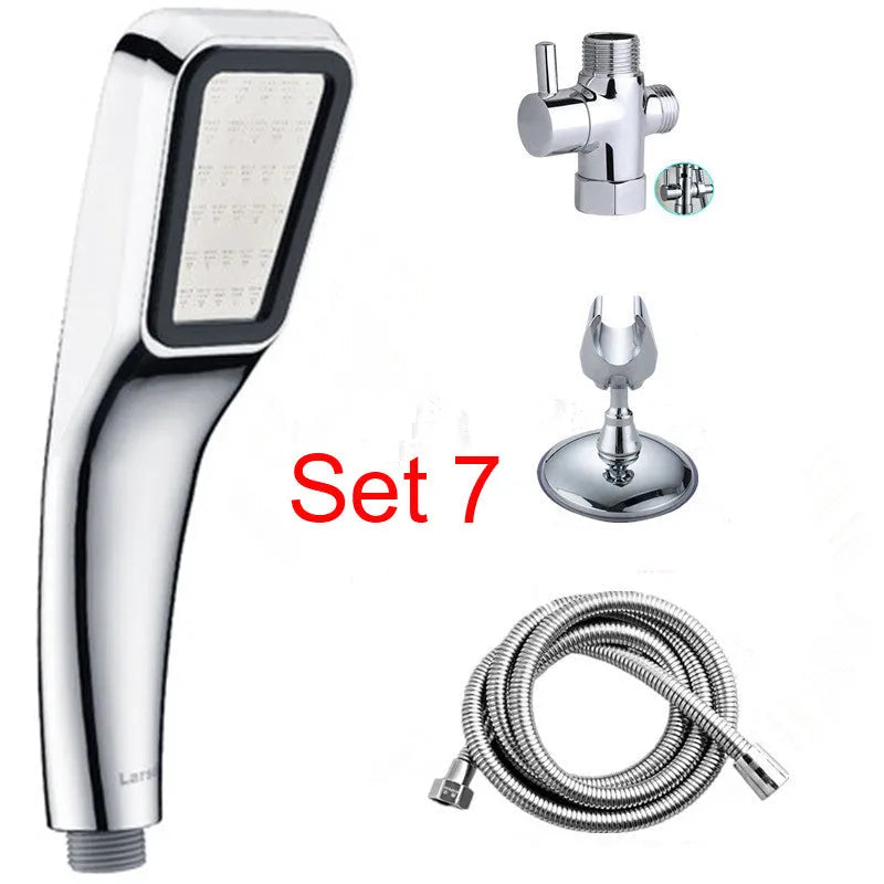 Hand-held pressurised shower with orange shower head and rain function