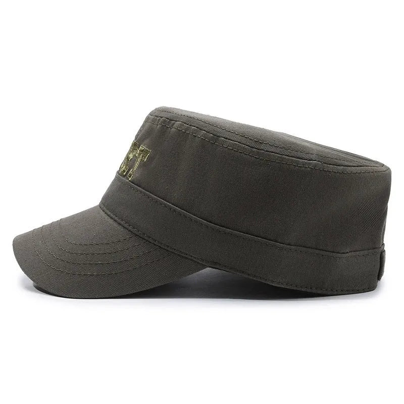 Men's flat-top cotton peaked cap in army green with an adjustable strap and a dome crown.