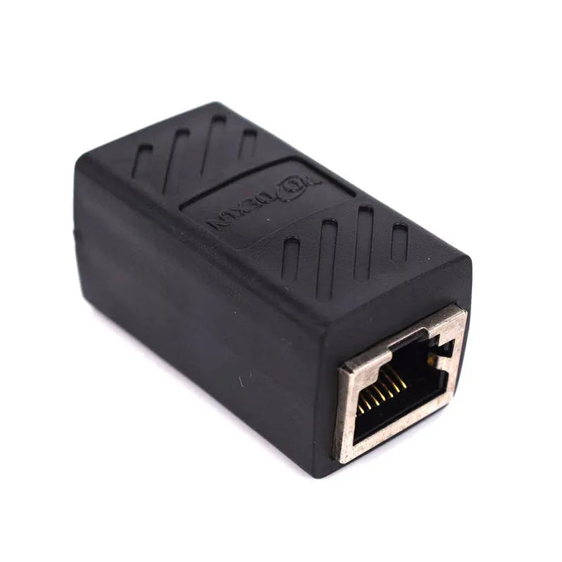 Black RJ45 female-to-female network cable extender coupler with a rotary union.
