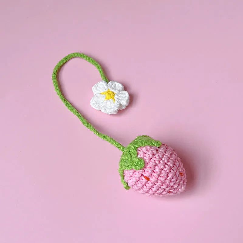 Handmade wool crochet strawberry pendant necklace in red or pink colour with 35cm length