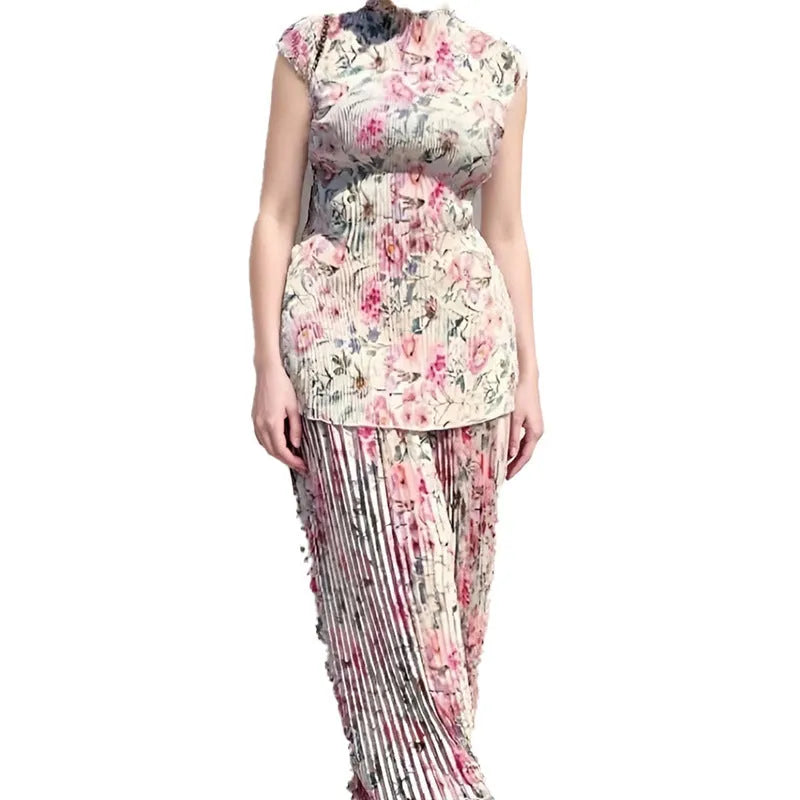 Women's floral printed chiffon dress set with high waist skirt and long sleeve matching top