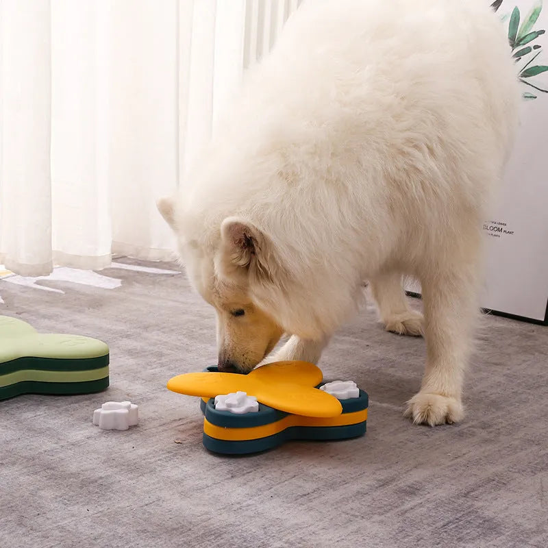 Green dog puzzle toy slow feeder with 9 compartments and bone covers on a non-slip base for interactive training