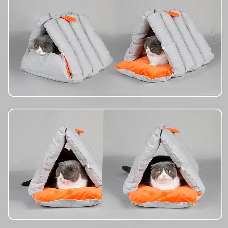 Triangular sofa cat nest in blue, 100% cotton, 45x38x38 cm, with drilled holes