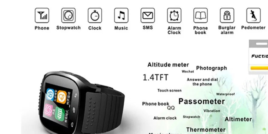 Bluetooth sports watch in black showing sleep monitoring and call functions