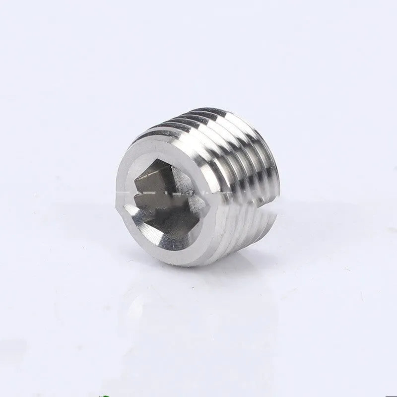 Stainless steel hexagonal head pipe plug for 3/8 inch threaded fittings.