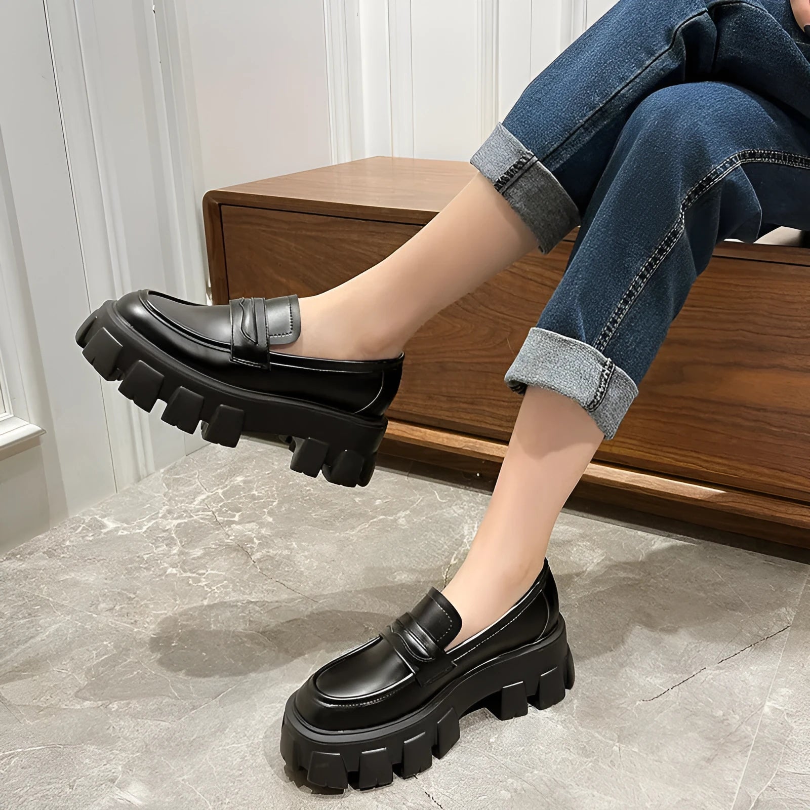 British style wide fat foot loafers in matte or patent leather with muffin base heels