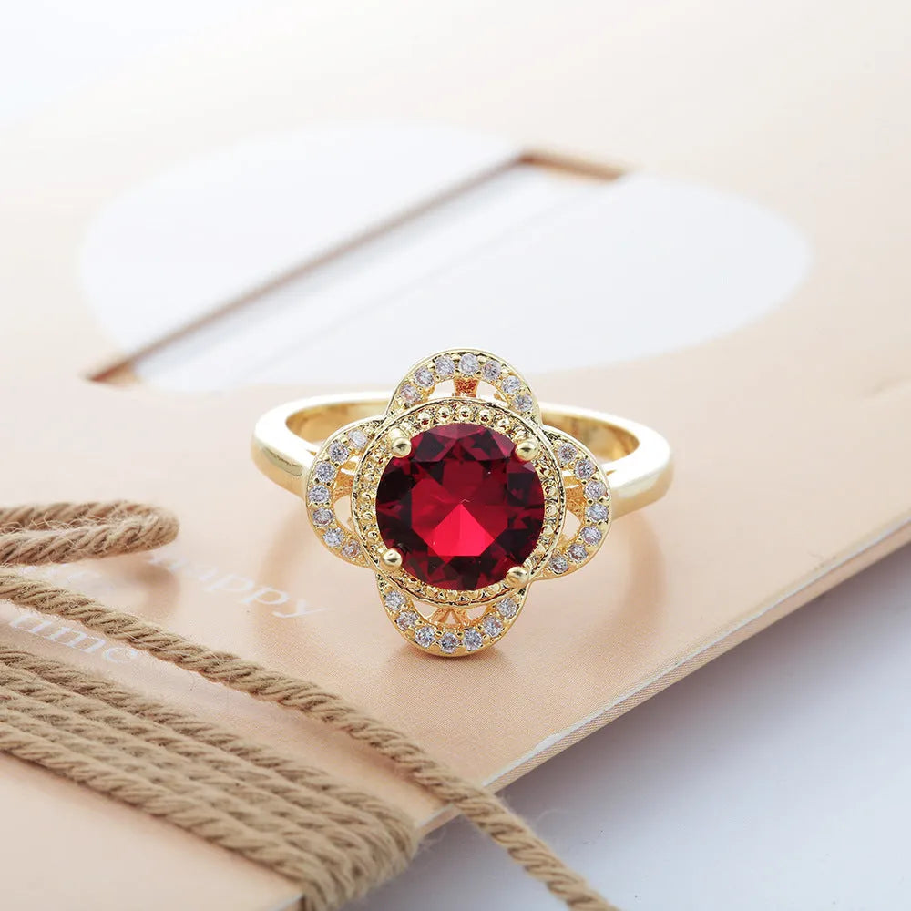 Copper ring with fruit-shaped zircon stone in electroplated finish