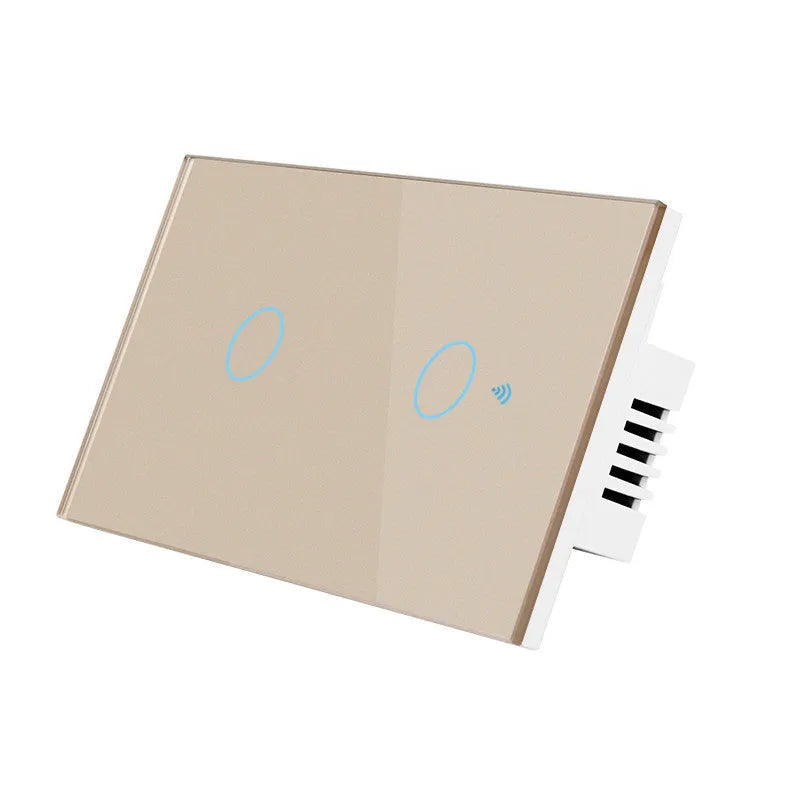 2-gang RF remote control wall touch switch with tempered glass panel in white finish