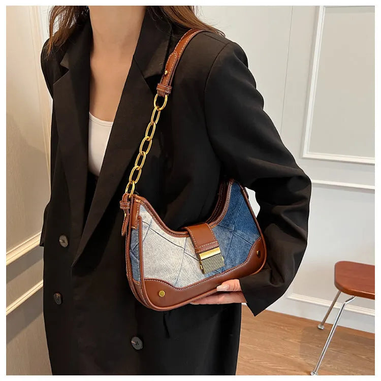 Brown denim women's shoulder bag with diamond chain design and phone compartment
