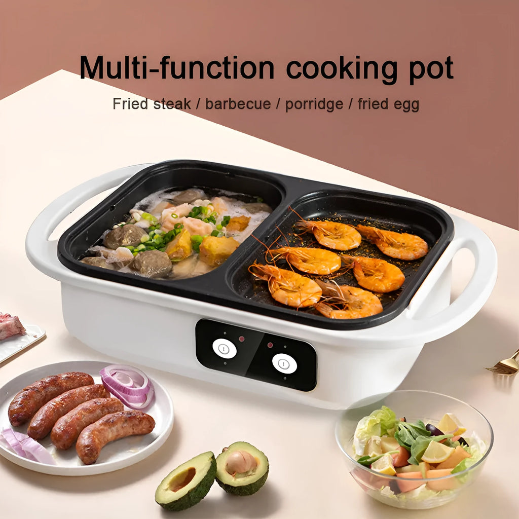 White or green household electric hot pot and frying cauldron oven with mechanical dials, 390mm wide.