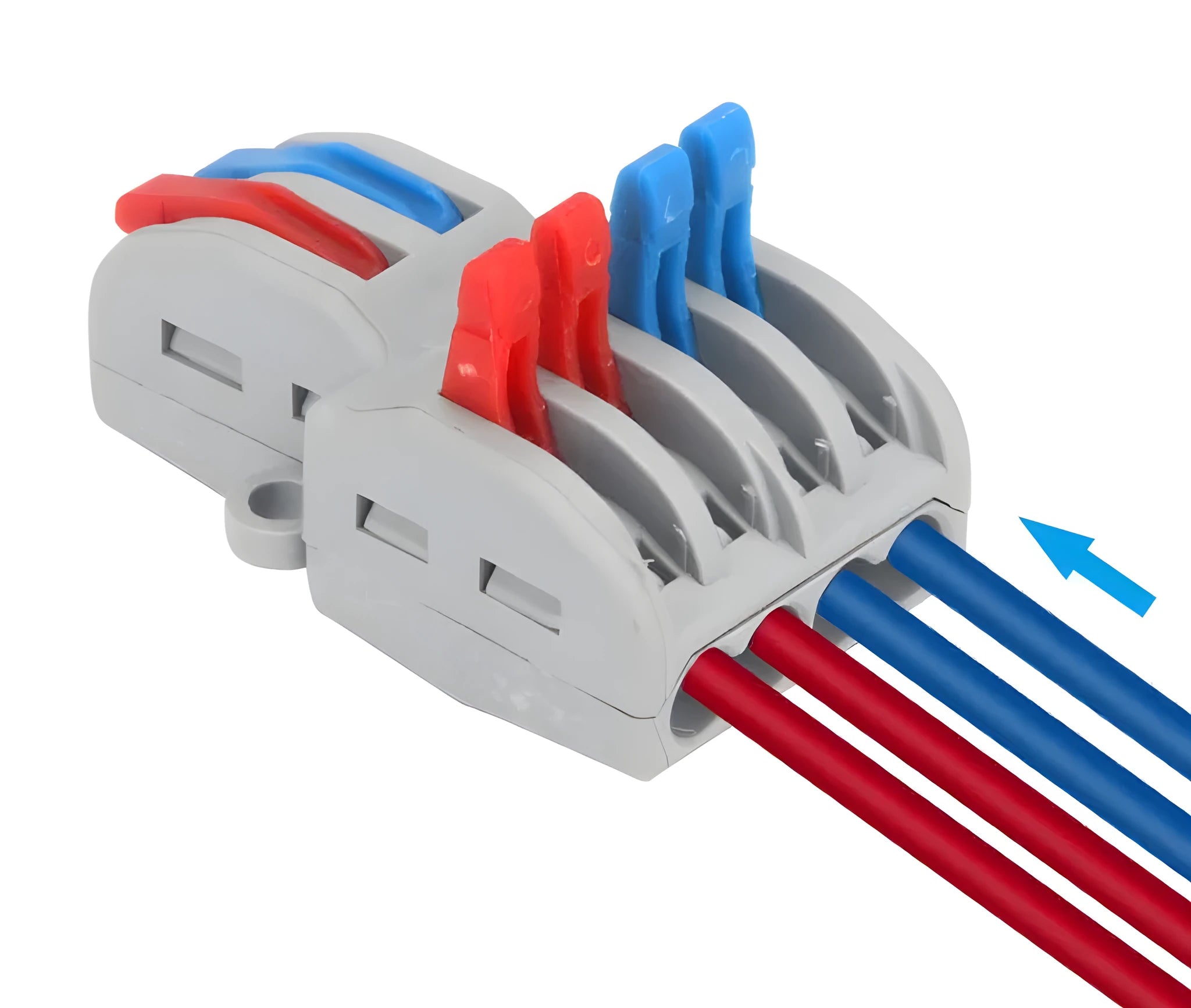 Quick wire electrical connector with fire-insulated shell, brass guide, for 0.08-4.0mm² wires.