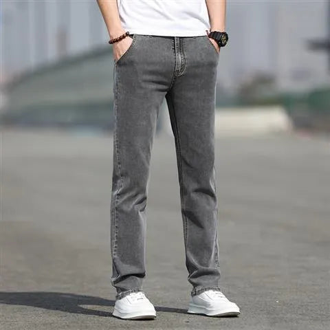 Men's smoky gray straight leg jeans with low waist and high elasticity rabbit fur blend fabric