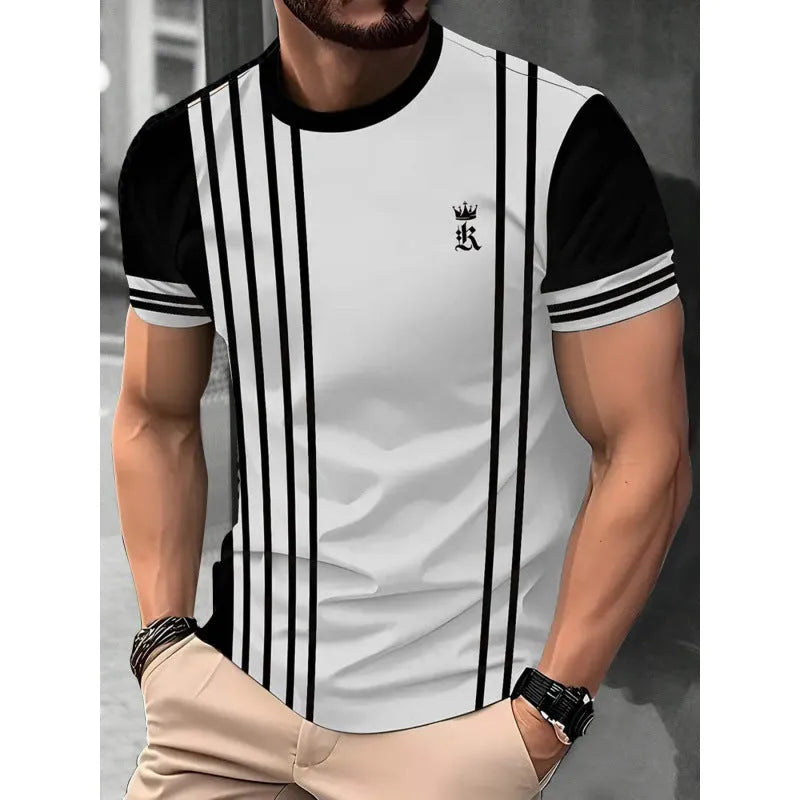 Men's loose grey T-shirt with colourful 3D printed vertical stripes, short sleeves, casual fit