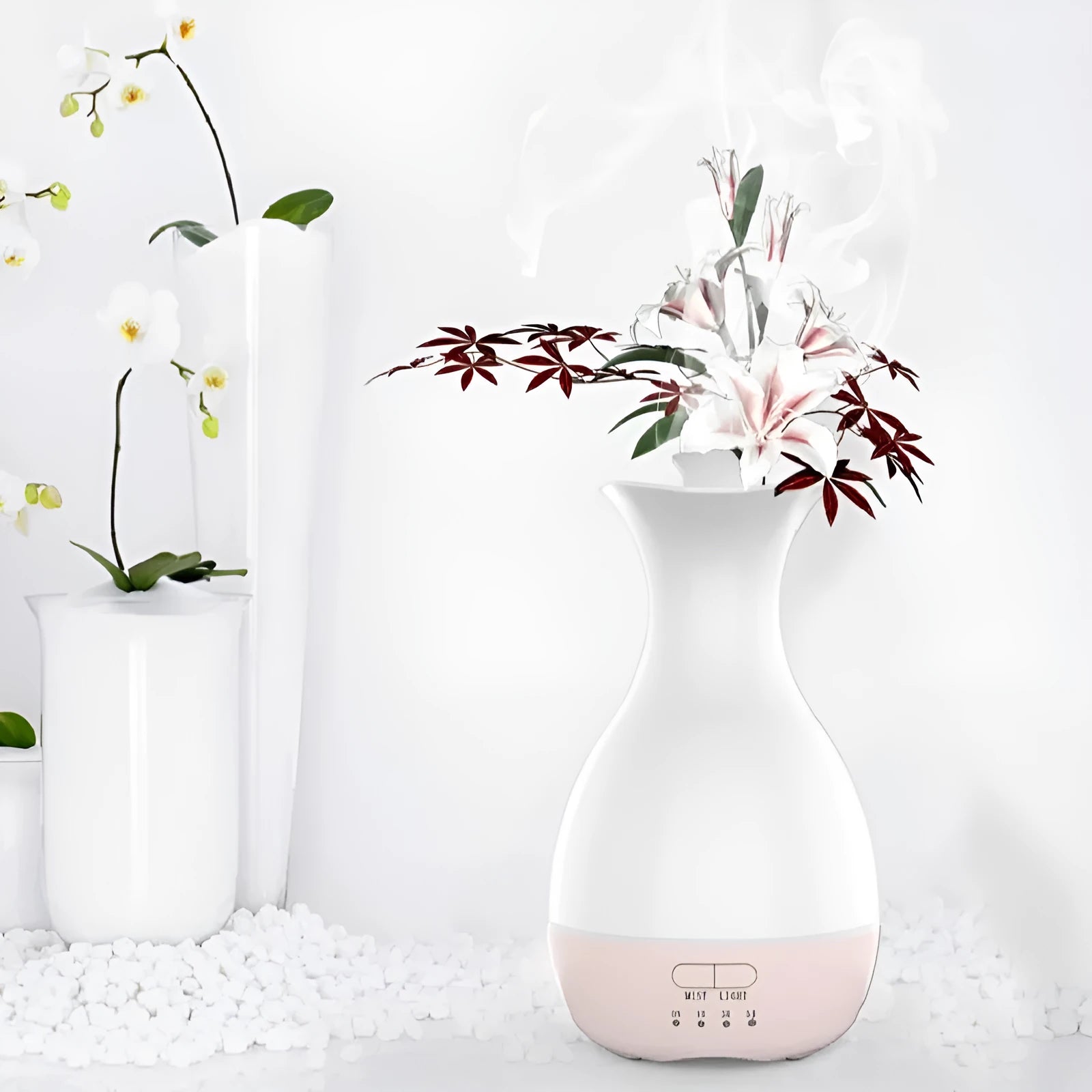 White ultrasonic humidifier diffuser with colourful LED night lights and mist output