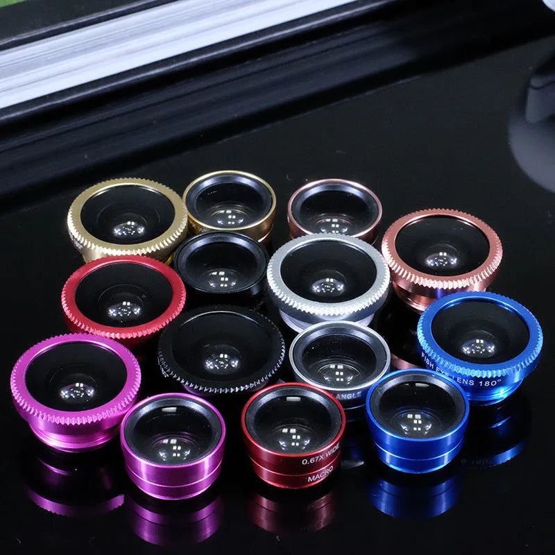 Three-in-one mobile phone camera lens kit with 180-degree wide-angle fisheye 0.67x and macro lenses in black