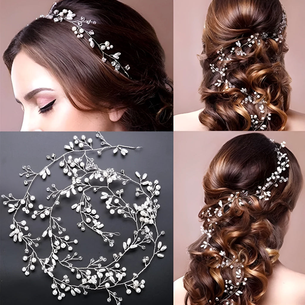 Bride's long hair band with crystal and pearl decoration in silver colour option