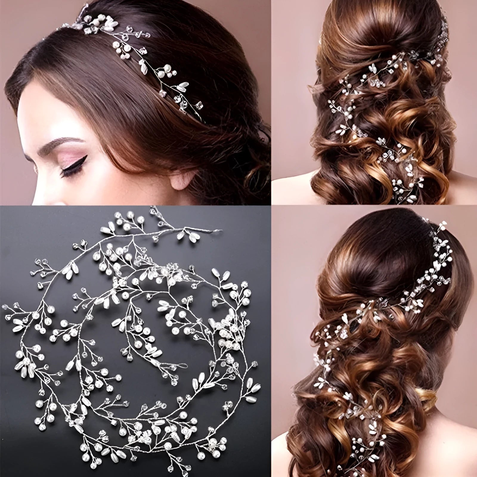 Bride's long hair band with crystal and pearl decoration in silver colour option