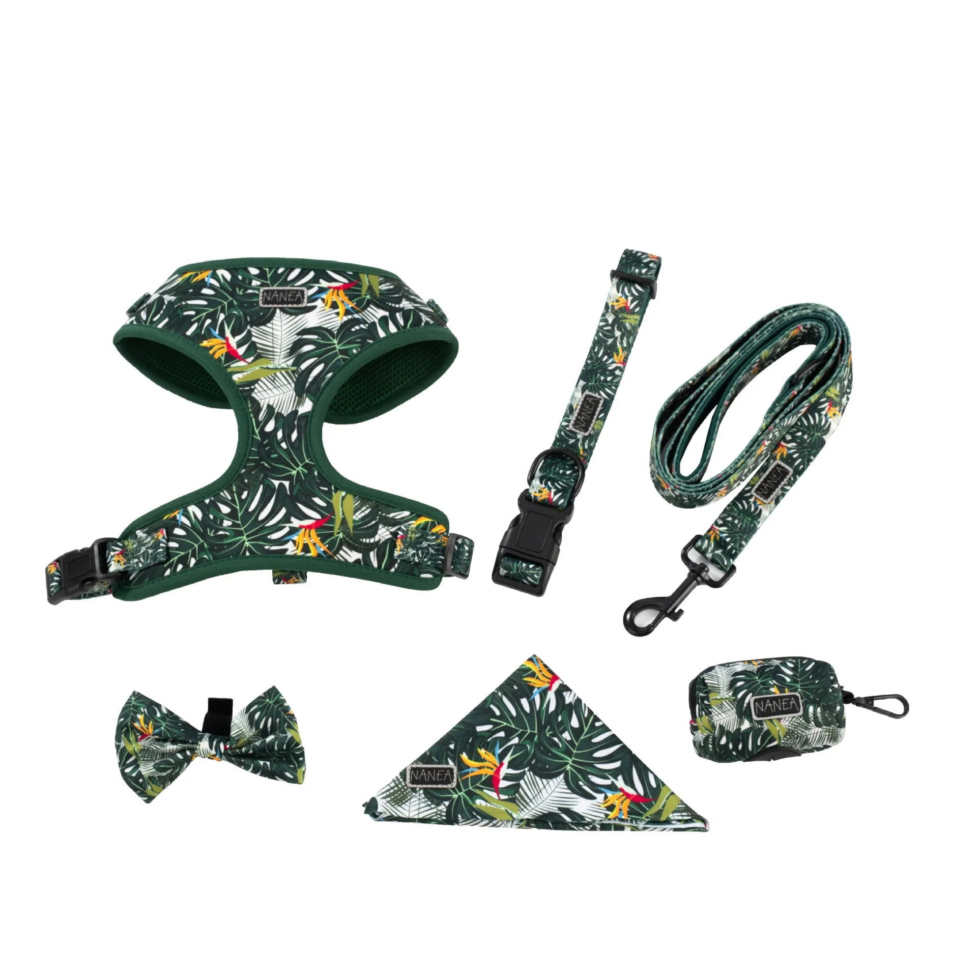 Adjustable cloth dog harness set with six accessories including vest, collar, leash, waste bag holder, bow tie, and scarf