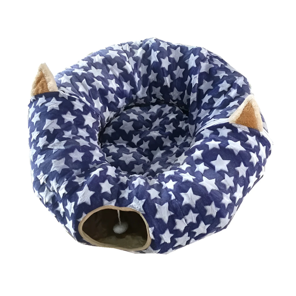 Foldable cloth cat tunnel in blue with crinkle sound toy, 25cm diameter, 250cm full moon length