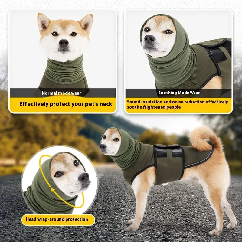 Army Green polyester dog calming anxiety vest on a medium-sized dog
