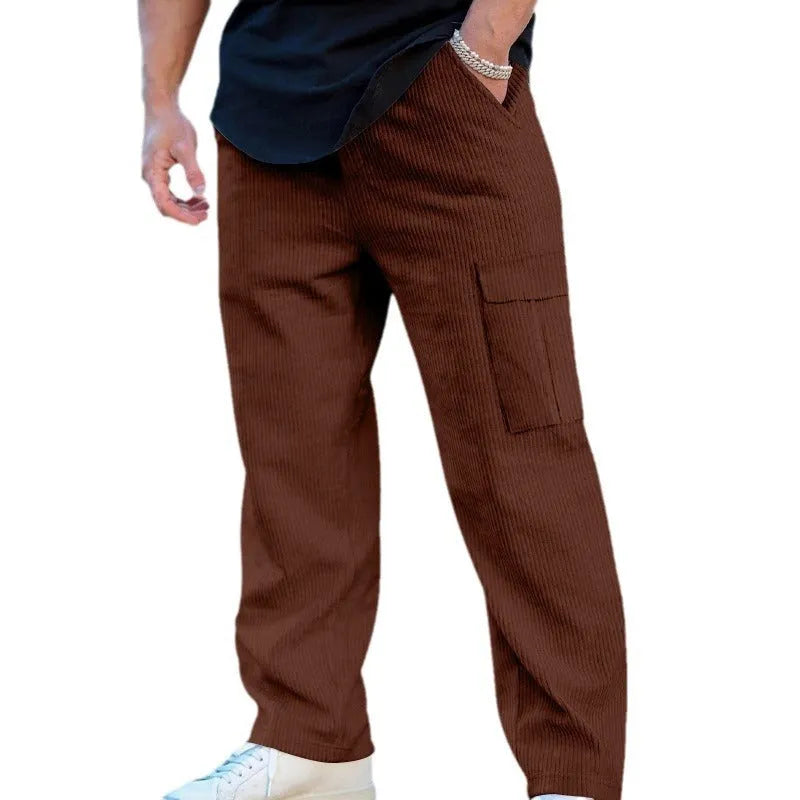 Men's straight leg corduroy cargo trousers in army green with a drawstring waist and loose wide-leg fit.
