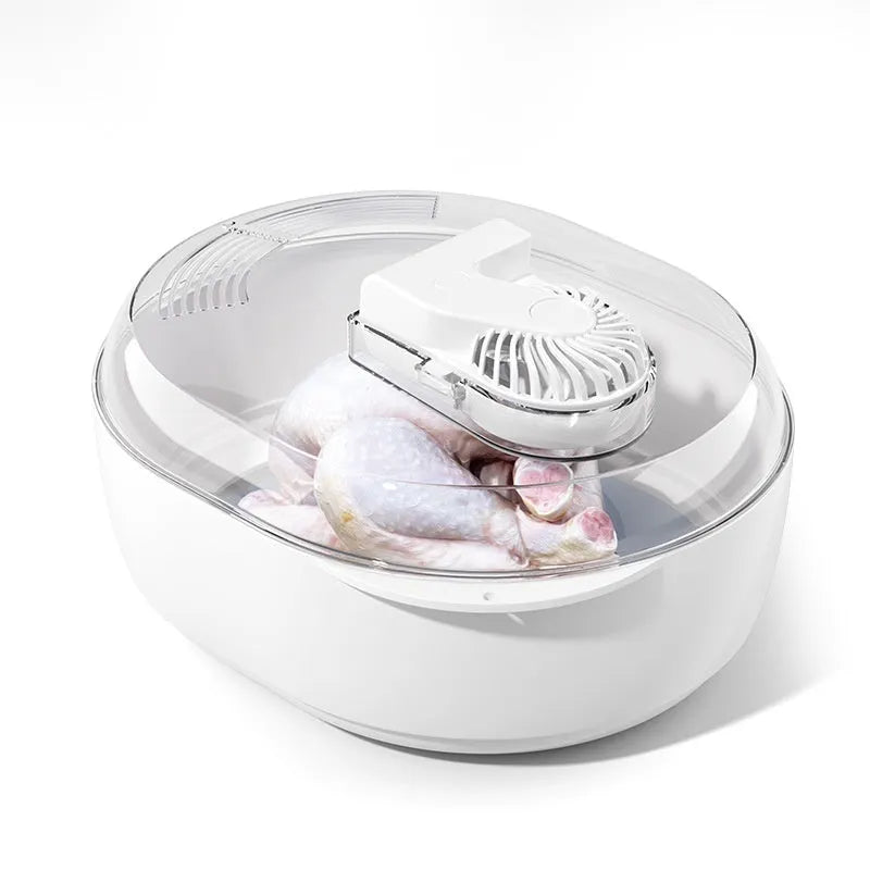 Modern aluminium food defrosting board with USB cable for kitchen counter use.